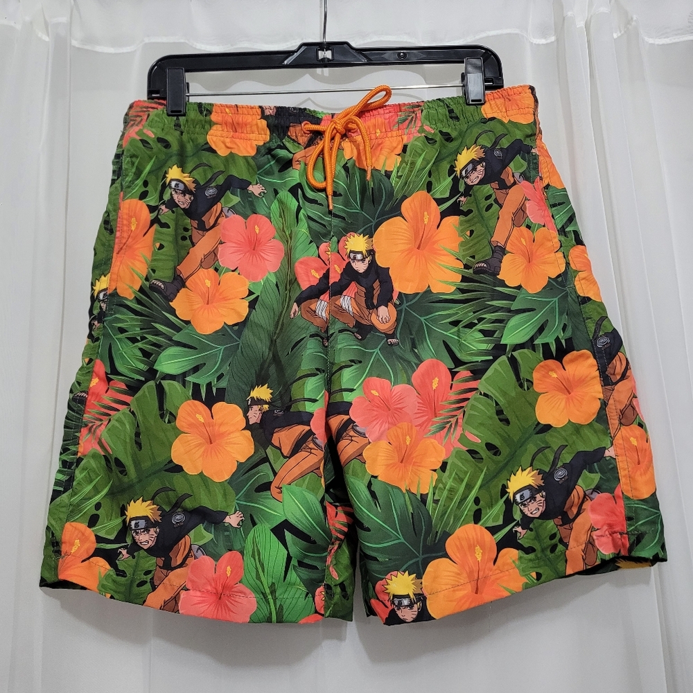 Naruto Men’s 7” Swim Shorts - Size Medium - Elastic Waist, 3 Pockets, Multicolor